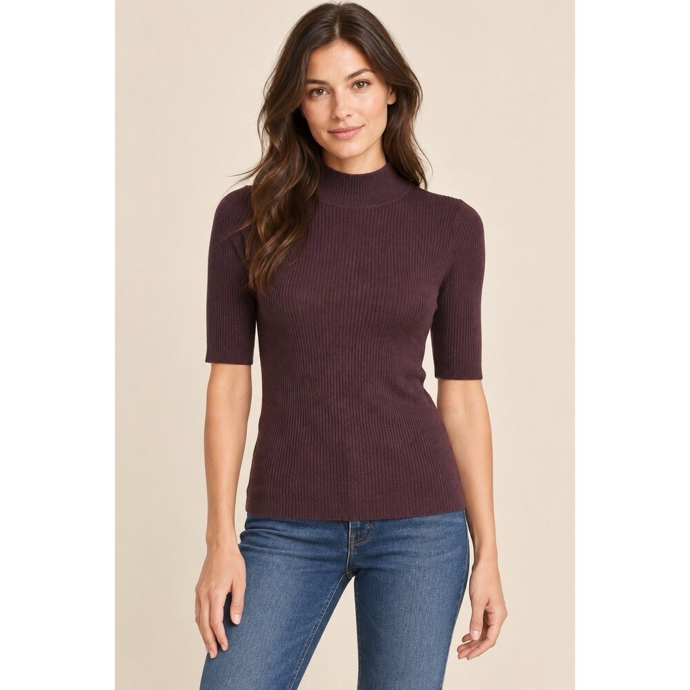 Madewell Ribbed 100% Merino Wool Mockneck Sweater Tee Dark Burgundy XS NWT